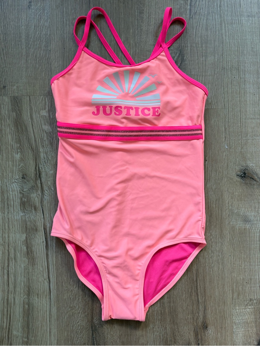 Justice Girls Coral-Pink One-Piece Swim Suit with Sun Graphic